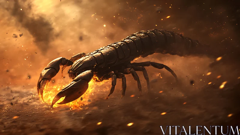 Armored scorpion charges through blazing embers in desert fury