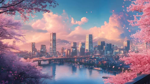 Cherry blossom framed river city skyline at sunset.