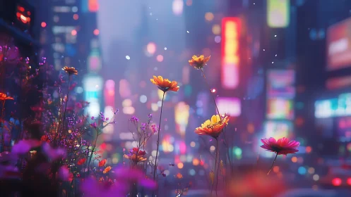 Wildflowers glowing against neon city lights at night.