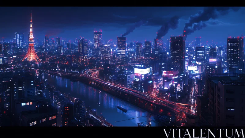 Neon river skyline under moody cyberpunk night sky.