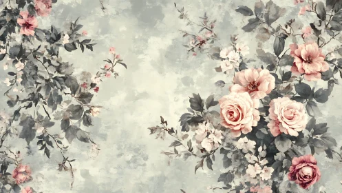 Floral clusters occupy a softly textured, desaturated field