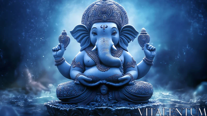 Luminescent cyan Ganesh sculpture in aqueous mist field.