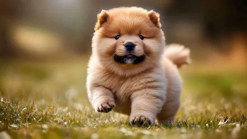 Chow chow puppy running on grass in shallow depth field.