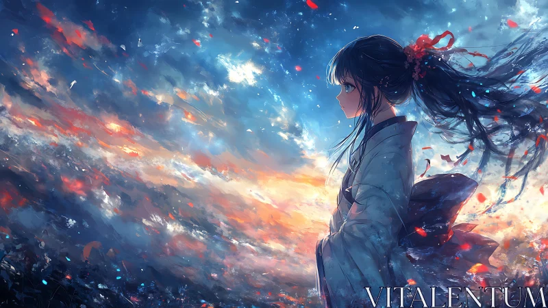 Celestial horizon surrounds kimono girl in luminous winds.