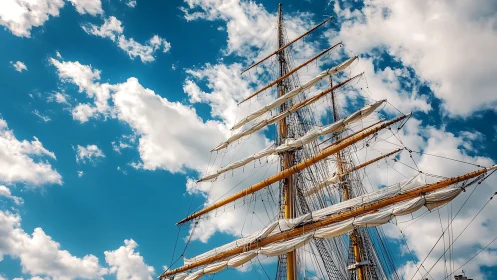 Majestic Tall Ship Masts and Sails Against Vibrant Blue Sky.