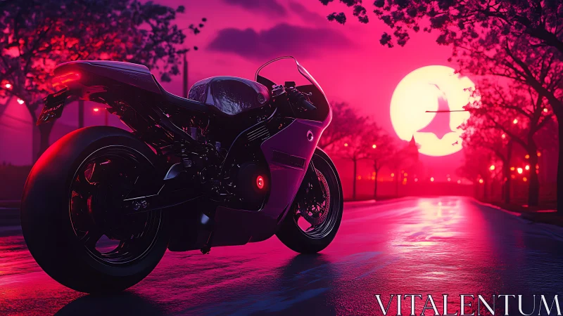 Futuristic motorcycle stands on wet street under neon moon