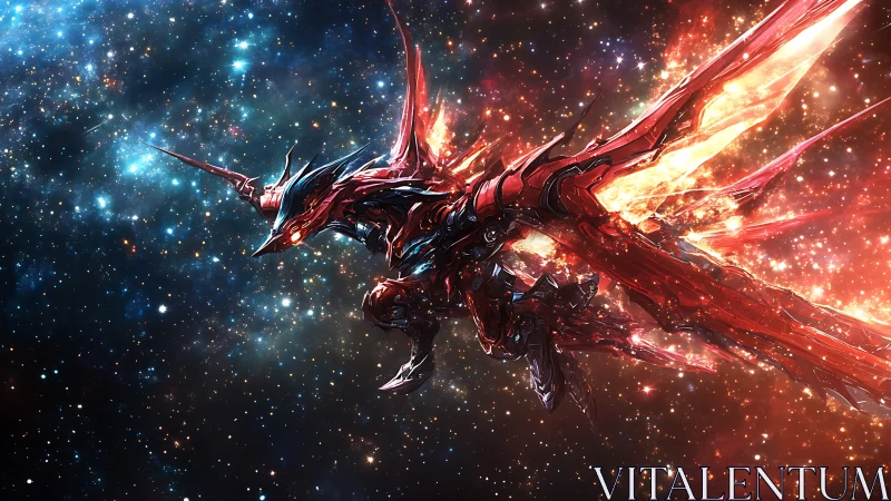 Starforged dragon knight soars through a blazing galaxy sky