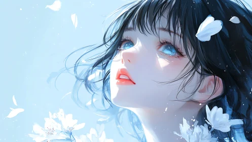 Ethereal blue portrait of girl with luminous eyes and petals.