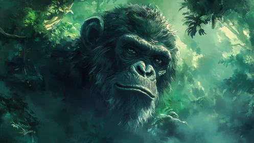 Gorilla portrait in dense green jungle environment. Period.