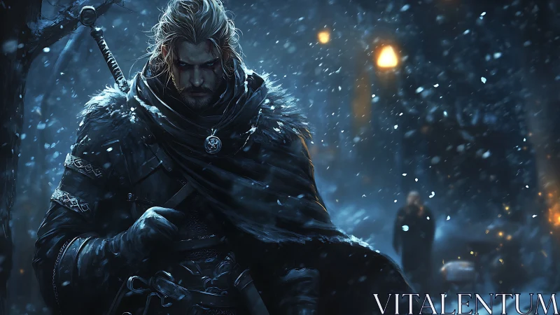 Brooding swordsman stalks snowbound midnight street scene.