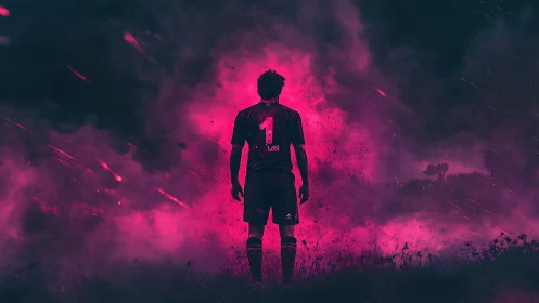 Lone footballer crowns a neon storm of electric magenta dusk.