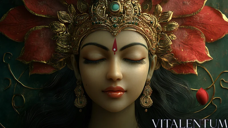 Divine goddess portrait with ornate golden crown and lotus halo