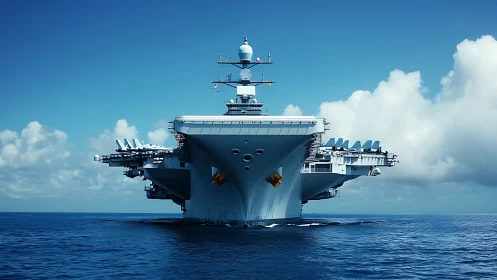 Massive futuristic aircraft carrier prowling open ocean.