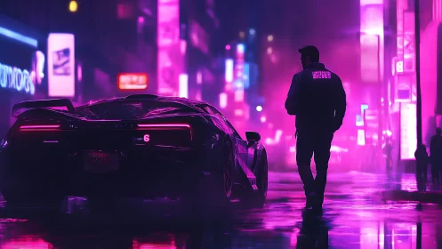 Neon midnight drapes a lone driver beside his cyber car