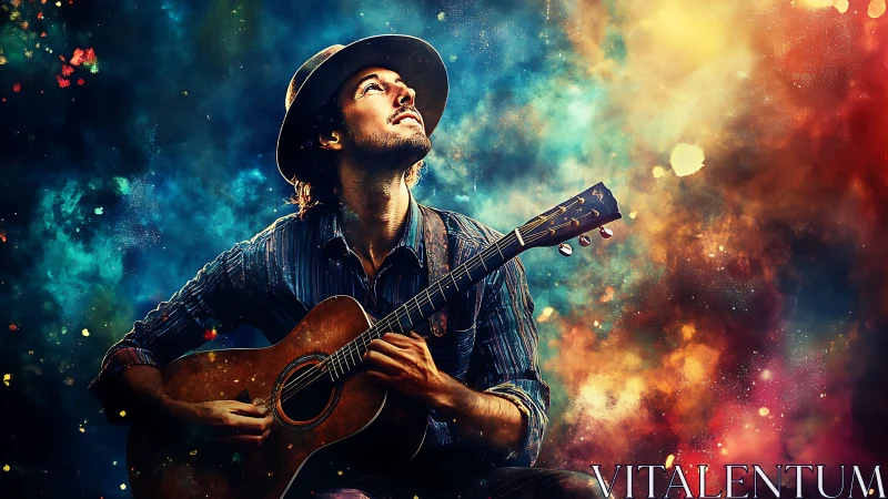 Male guitarist seated against colorful abstract nebula field.