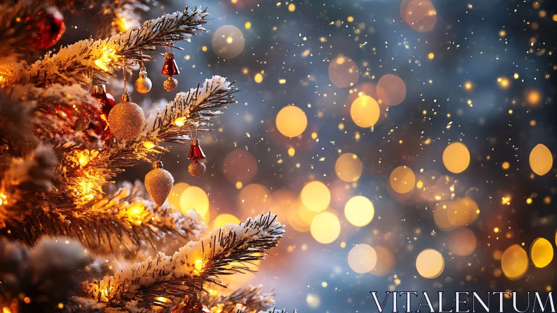 Snow-covered Christmas tree with golden festive lights.