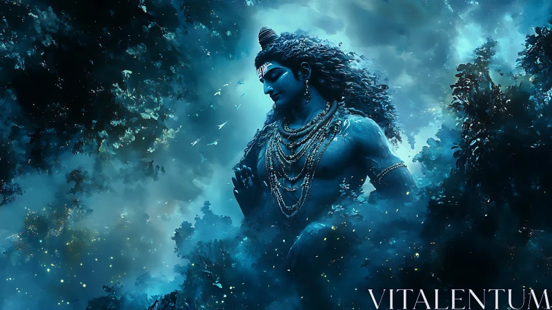 Celestial blue deity emerging in luminous cosmic forest.