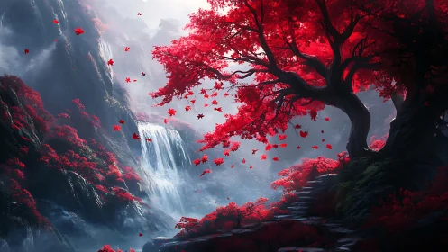 Crimson maple grove overlooking misted mountain falls.