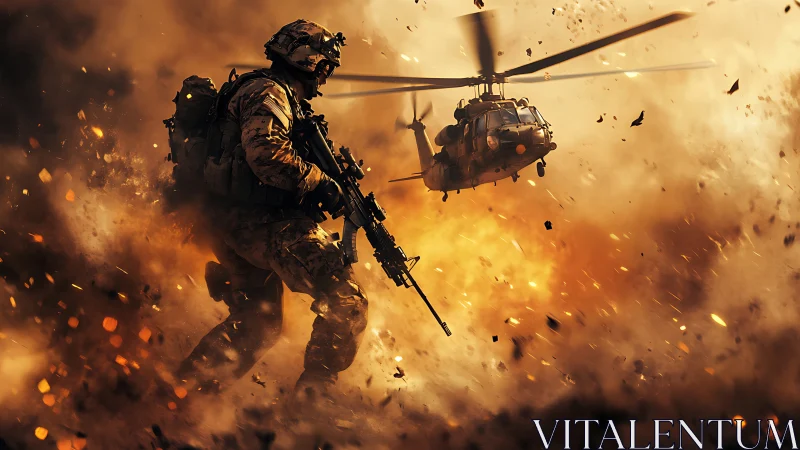 Armed soldier and helicopter amid explosion and debris.