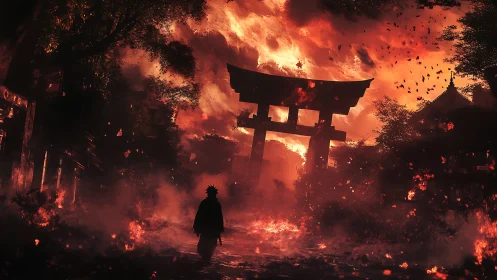 Lone warrior walks toward burning torii gate in red inferno.