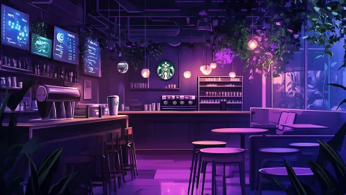 Starbucks interior with neon lighting and counter seating.