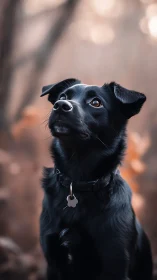 Black dog with collar in shallow depth forest portrait.