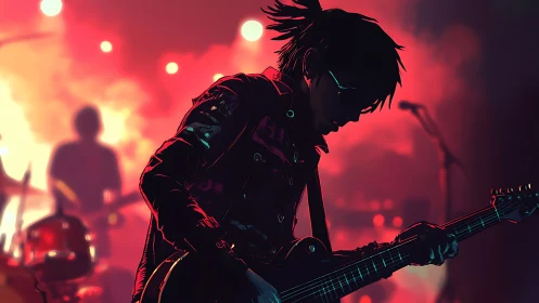 Neon stage silhouette of midnight guitarist in burning haze.