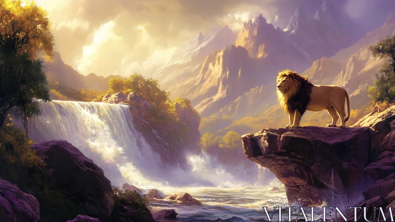 Majestic lion watching over a sunlit mountain waterfall.
