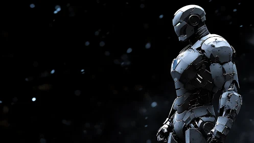 Stoic armored android in fractured metallic exosuit profile.