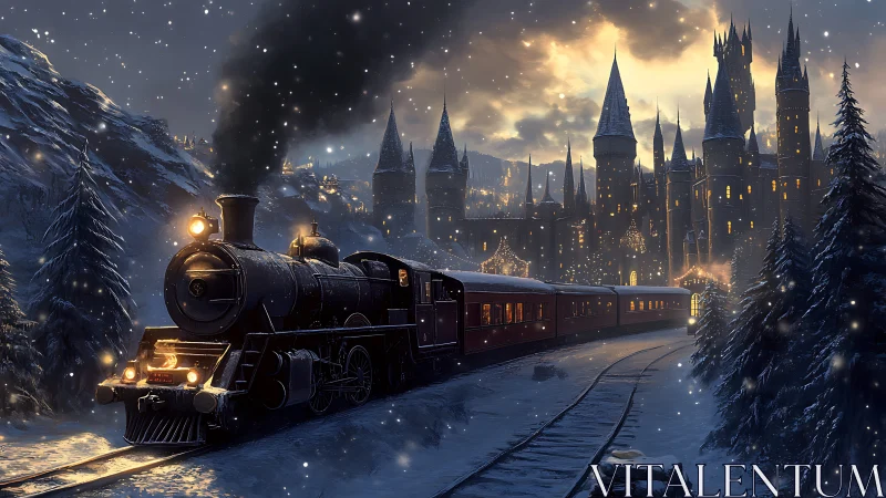 Steam train cuts through snowy night toward lit castle