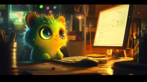 Glowing furry creature studies code at warm desk workstation.