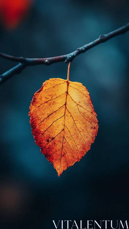 Solitary autumn leaf glowing against deep teal bokeh.