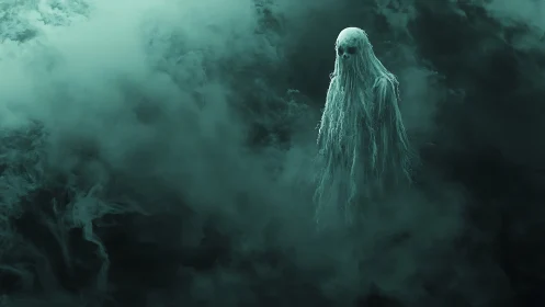 Gentle ghost drifting alone through swirling teal mist.