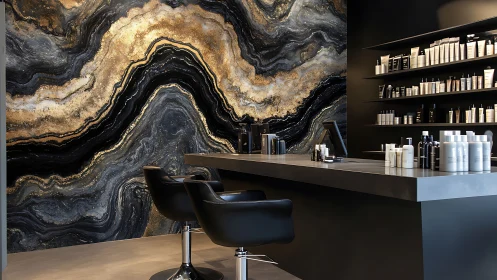 Modern salon counter with bold black and gold marble wall.