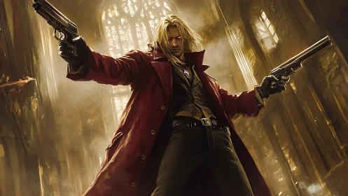 Long haired gunman extends dual pistols in ruined cathedral