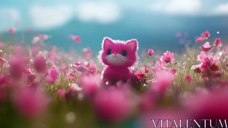 Adorable Pink Kitten in a Dreamy Field of Flowers.
