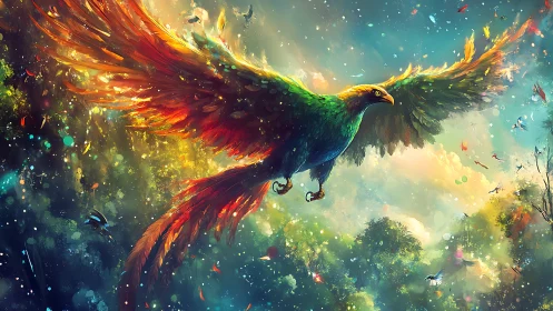 Majestic Fantasy Phoenix in Vibrant Forest at Dawn, Digital Art.