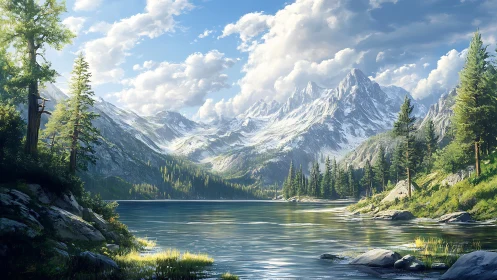 Mountain lake with conifer forest and distant snowy peaks.