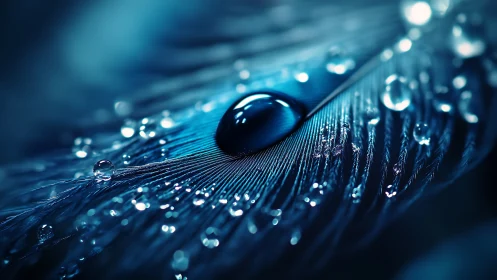 Iridescent feather macro with crystalline water droplets.