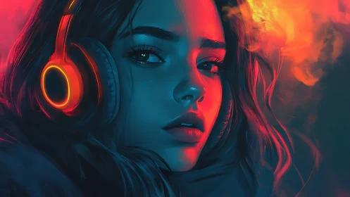 Neon lit girl with headphones listens in glowing blue haze