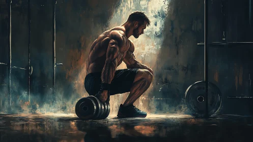 Muscular athlete resting with heavy dumbbell in moody gym light