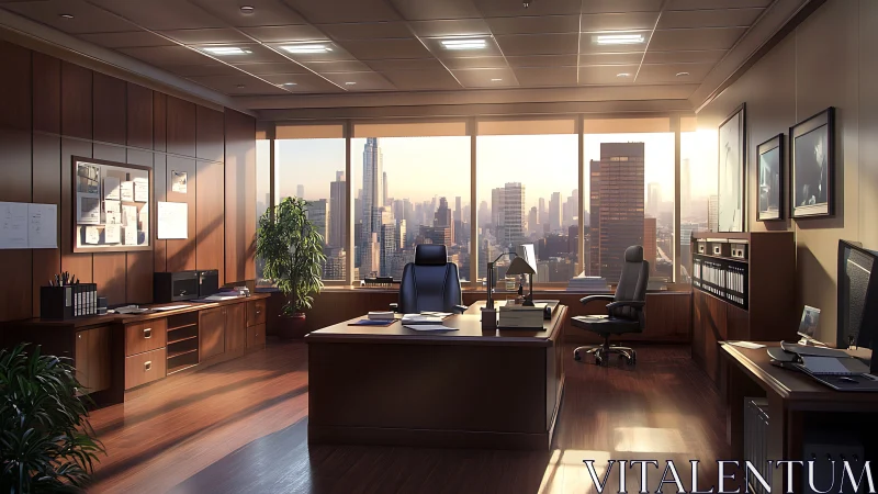 Executive office interior with city skyline view at sunset.