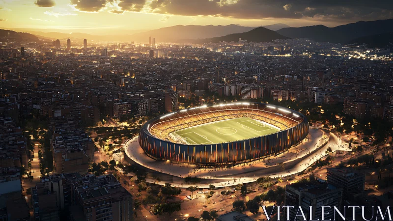Golden stadium halo above a twilight-sparked sleeping city.