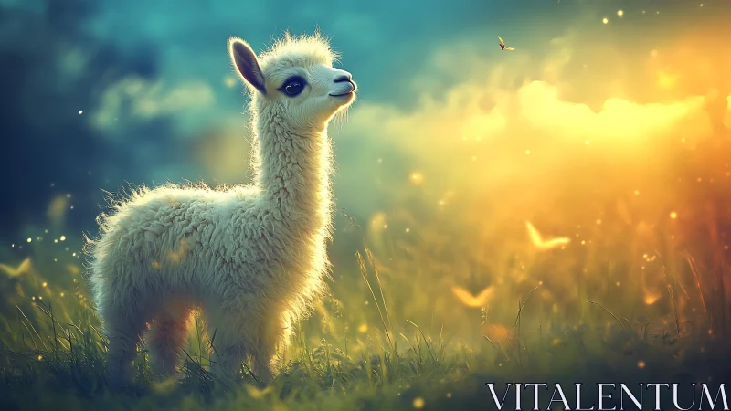 Baby llama in glowing meadow light chasing tiny wonders.