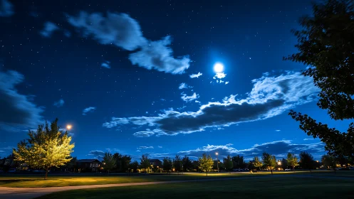 Suburban park under moonlit sky with scattered clouds.