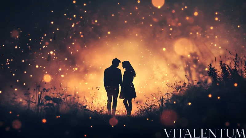 Couple silhouetted against glowing firefly dance at dusk.