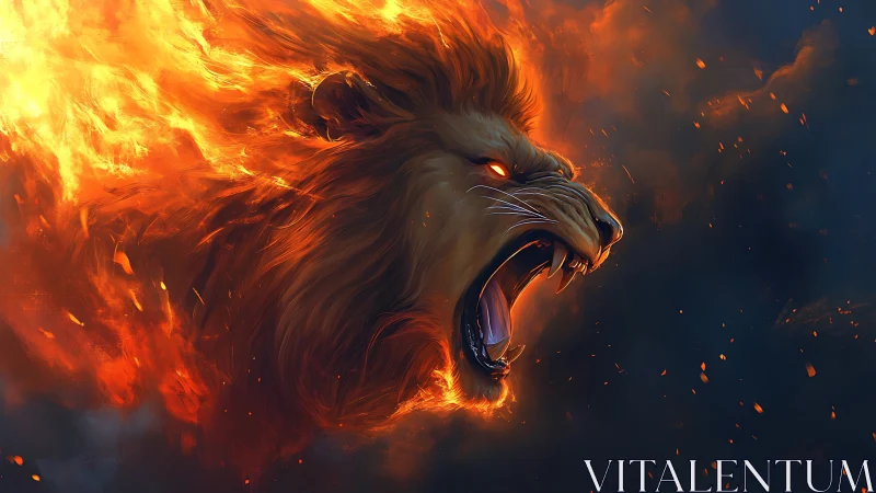 Lion head engulfed in flames against dark smoky field.