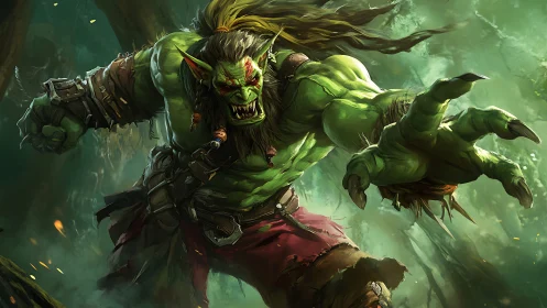Ferocious green orc warrior lunging forward in forest.