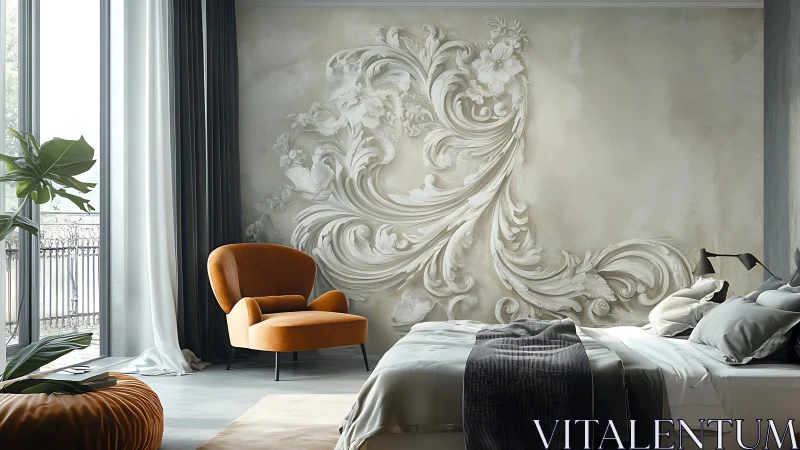Elegant bedroom showcases ornate sculpted floral wall art