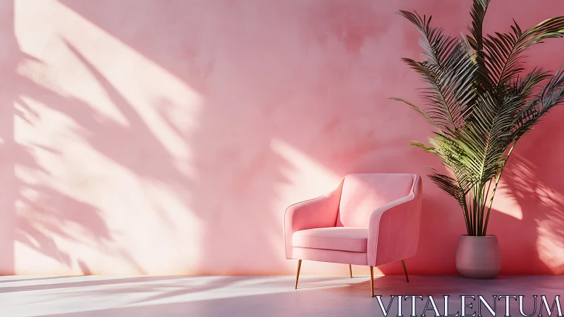 Pink lounge chair and potted palm against lit pastel wall.